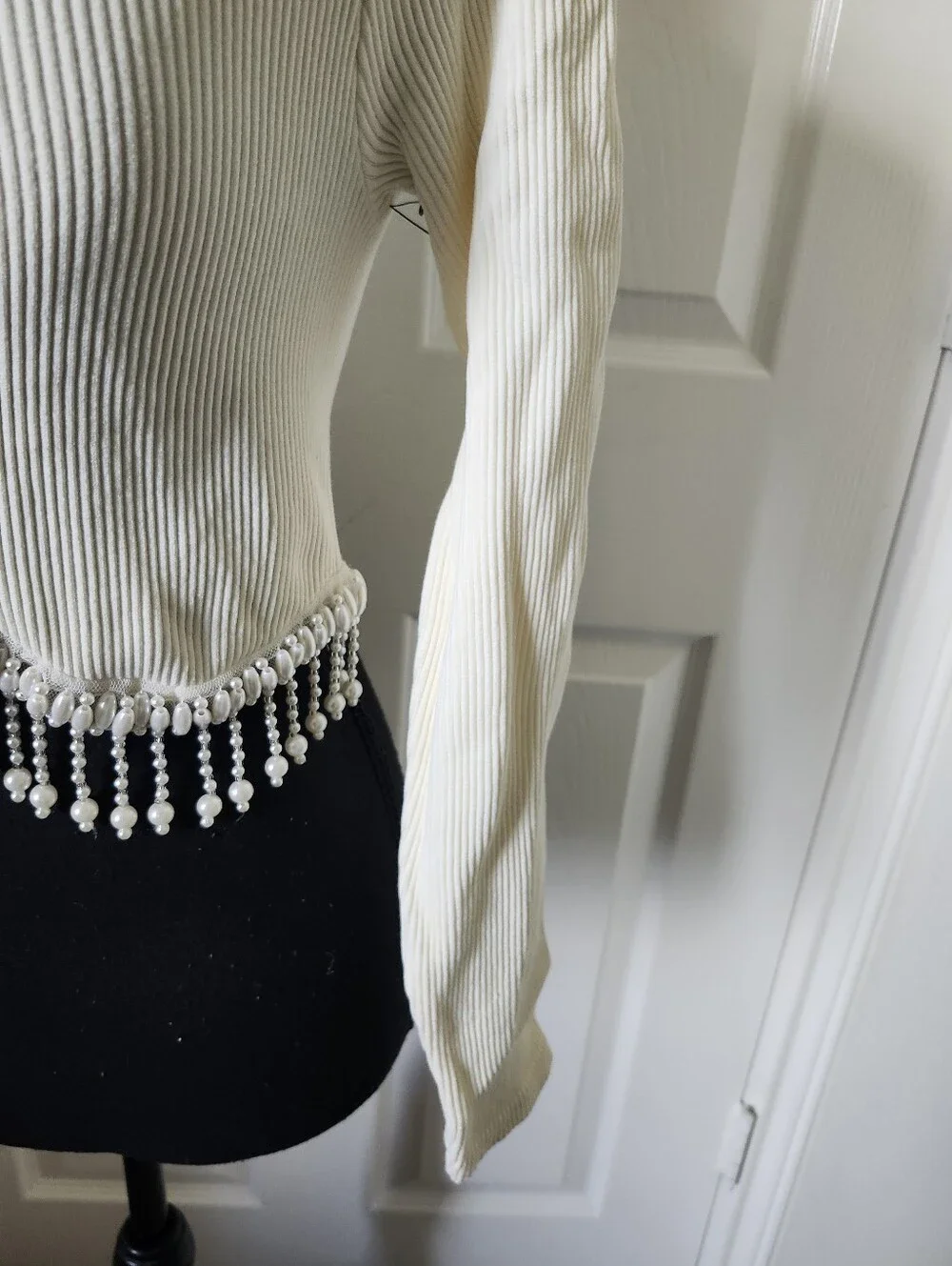 Zara Cream Ribbed Long-Sleeve Crop Top with Beaded Scallop Hem